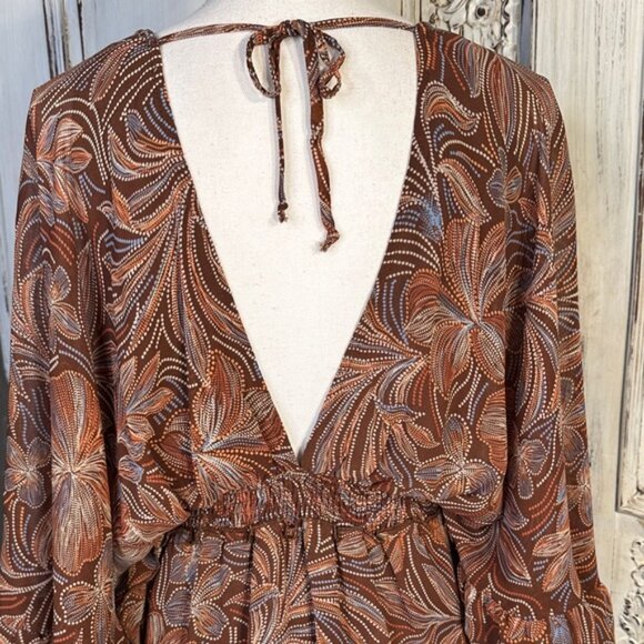 Olivaceous Bohemian Brown Floral Patterned Women's Babydoll Mini Dress/Romper - Picture 8 of 13